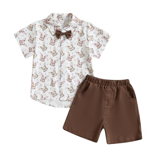 Image of Owl's-Yard Baby Boy Easter Outfits Rabbit Carrot Short Sleeve Button Down Shirts and Solid Color Shorts 2 Pcs Summer Set