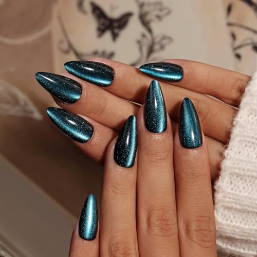 KQueenest Cat Eye Press On Nails mit Kleber - Glitzer Blau Schwarz Nägel zum Aufkleben Mandel, Sparkle Bling Fake Nails Set, Künstliche Fingernägel Mittel, Luxus Acryl Nägel für Frauen, 30 Stück