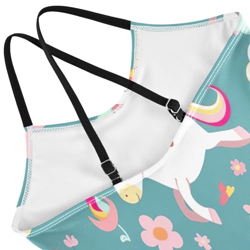 Cute Cartoon Unicorns Flowers Green Child Girl Swimsuit, Beach Swimwear, Girls Athletic Swimsuit 3-10T with Adjustable Shoulder Strap4