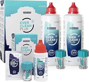 Avizor EVER Clean PLUS - Líquido para Limpieza y Desinfección de Lentes de Contacto - Eliminación Profunda de Depósitos de Lípidos - Pack 2x350ml + 90 tabletas y Bote 60ml + 8 Tabletas - Kit Viajes