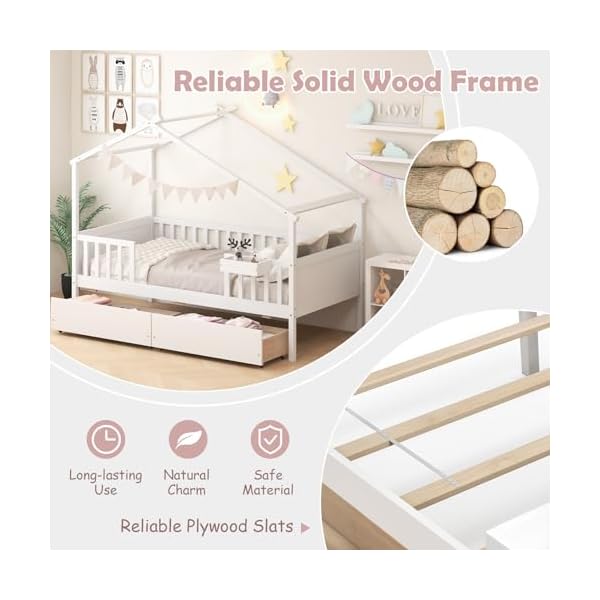 Giantex twin house bed with drawers wooden twin bed frame with cube storage fence rails montessori bed for boys girls kids house bed for bedroom living room no box spring needed white  urban country home decor