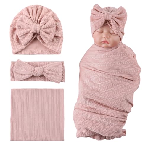 Image of OMUKY Newborn Receiving Blanket Bow Headband and Beanie Set Baby Swaddle Receiving Blankets Baby Boy Girls Nursery Swaddle Wrap(Pink)