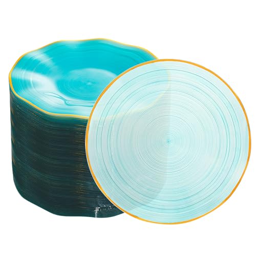 LCCFHTI 72Pcs Transparent Turquoise Plastic Plates Wave Edge Crystal Design Disposable Heavy Duty Dinner Plates with Gold Rim 10in Round Fancy Dinner Plates for Wedding Party