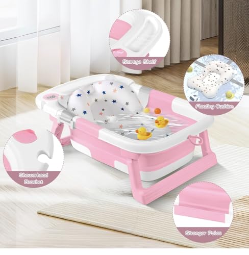 Image of Premium Foldable & Collapsible Baby Bathtub,Bath Tub with Soft Cushion, Bathtub for Newborn to Toddler 0-36 Months,Portable Travel Baby Tub with No-Slip Feet,Baby Shower Gifts Pink (Baby Bath Pink)