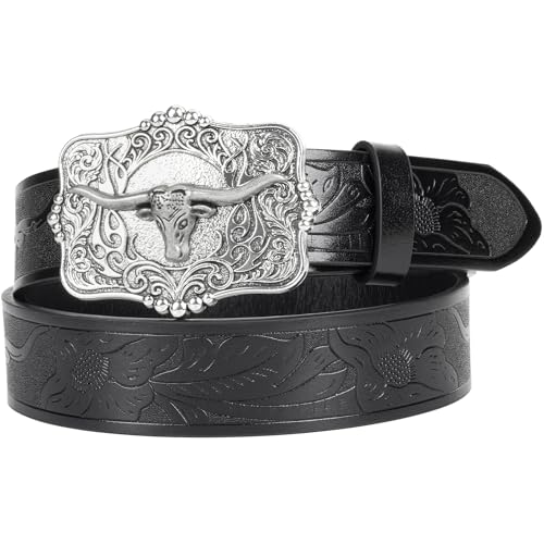 Image of UTOWO Rodeo Western-Longhorn-Bull Cowboy-Belt for Women-Men Bull-Floral-Embossed PU-Leather Cowgirl Waist Belt for Jeans