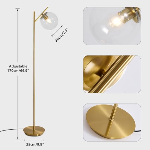 Image of Mid Century Brass Floor Lamps Vintage Clear Standing Lamp for Living Room Modern Tall Freestanding Lamps Retro Farmhouses Globe Floor Lamp for Bedroom Office