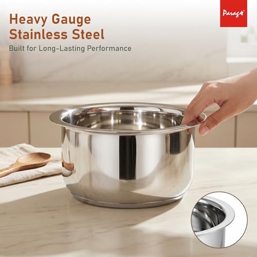 Image of Parage 3 Pieces Tri-Bond Stainless Steel Tope Set with Lid, 1 L, 1.3 L & 2 Liter, Triply Bottom Patila, Bhagona /Bhigona Set for Gas & Induction Compatible, Boiling Cooking Pots (Size No. 11, 12 & 13)