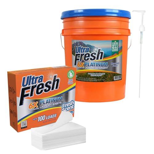 Image of Ultra Fresh 6X Platinum 5 Gal Laundry Detergent, Mountain Fresh Bundled with Platinum 6X Laundry Detergent Sheets with Fresh Scent