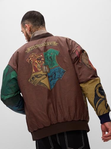 Image of The Souled Store Reversible Bomber: Harry Potter Hogwarts Men and Boys Long Sleeves Band Neck Brown Embroidered Polyester Oversized Jackets