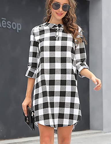 Kate Kasin Women Plaid Mini Shift Dress Belted Roll Up Sleeves Tunic Dress Casual Loose Fit #TOP3