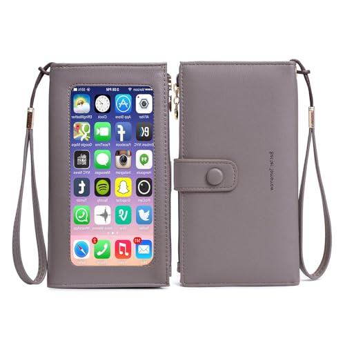 Image of myfriday Touch Screen RFID Phone Crossbody Purse with 2 Straps for Women | Clear phone window, RFID card space, 11 slots and zip pockets support quick calls, errands, theme parks and travel