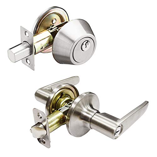 Front Door Entry Lever Lock Set and Single Cylinder Deadbolt Keyed Alike Combination Set, Satin Nickel