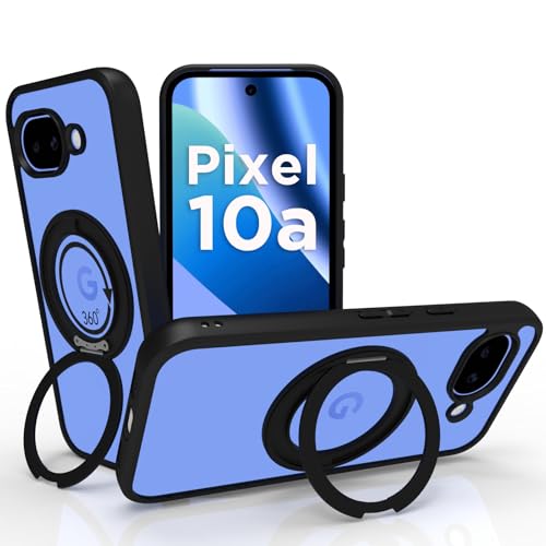 Image of RIGGEAR Shockproof Sleek Hybrid Armor 360 Rotating Magnetic Ring Stand Back Cover Case Compatible with MagSafe Accessories for Google Pixel 10a (Clear PC + Black TPU Bumper)