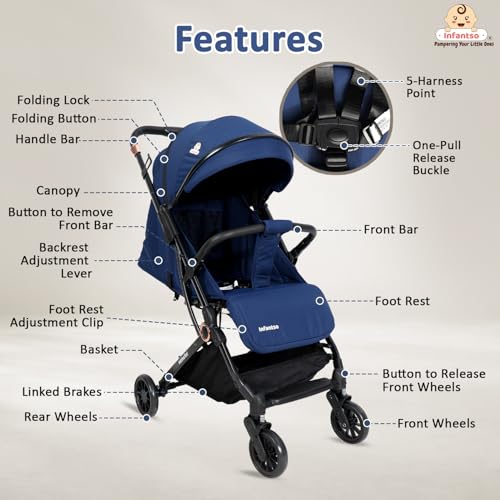 Image of Infantso RIDE-X Premium Baby Stroller / Pram Auto Fold with 5 Points Safety Harness, Multi Level seat Recline & Spacious Cushioned seat, One-Hand Fold and 360 Rotating Wheels, Travel Friendly, Extendable Canopy, Adjustable Footrest, Shock Absorption Wheels, Lightweight Stroller for 0 to 3 Years (Blue)