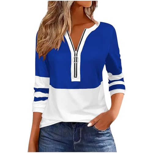 Image of KUIH Half Zip Sweatshirt Women Long Sleeve Top Pullover Lightweight Casual Dressy Tunic Tops 1/2 Zip Striped Jumper Cotton T Shirts Sweater Blouse Spring Autumn Top for Work Office Going Out Blue