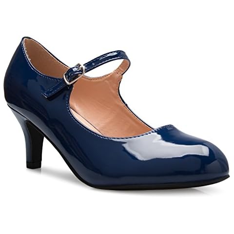 Olivia K Womens Classic Low Mid Heels Mary Jane Pumps - Adorable Round Toe Vintage Retro Shoes, Navy Patent, 5.5 UK Cover