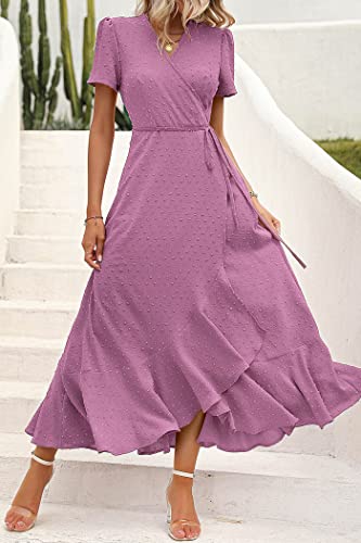 Image of PRETTYGARDEN Women's Summer Wrap Maxi Dress Casual Boho Floral V Neck Short Sleeve Ruffle Hem Split Beach Long Dresses