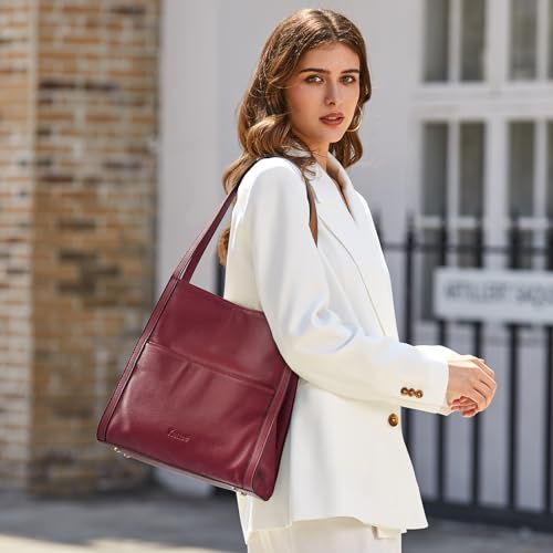 Image of Kattee Leather Tote Bag for Women, Medium Shoulder Handbag | Top grain pebbled leather with 5 pockets, fits a 12-inch tablet, and stays lightweight for everyday use.