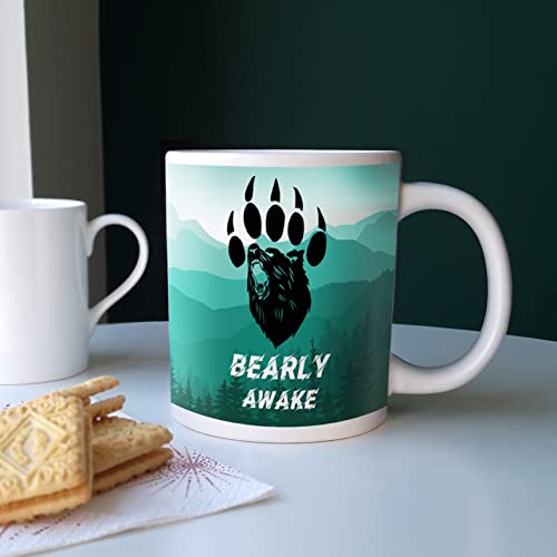 Purely Home Extra Large Big Bearly Awake Mug Grizzly Bear Mountain Range - Jumbo White Coffee/Tea Gift