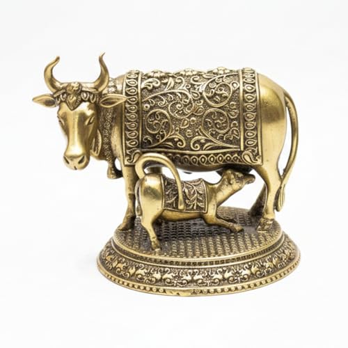 Image of eCraftIndia Golden Brass Kamdhenu Cow and Calf Idol for Home Decor Living Room Animal Figurine Cow Statue with Calf Gift for Diwali Housewarming Birthday