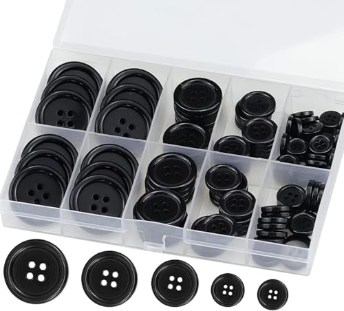 100Pcs Black Sewing Buttons4-Hole Craft5Sizeswith Compartment Storage Box Suitable for Sewing Suit Coat Shirt Buttons DIY Decoration (Black)