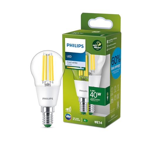 Philips Ultra Efficient - Ultra energy saving lights, LED light source, 40W, P45, E14 Candle Cool White 4000 kelvin, clear
