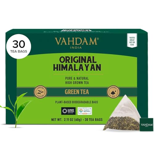 VAHDAM, Original Himalayan Green Tea (30 Count) High Grown, Non GMO, Gluten Free, Low Caffeine | Earthy & Smooth | Resealable & Individually Wrapped | Plant-Based Pyramid Tea Bags