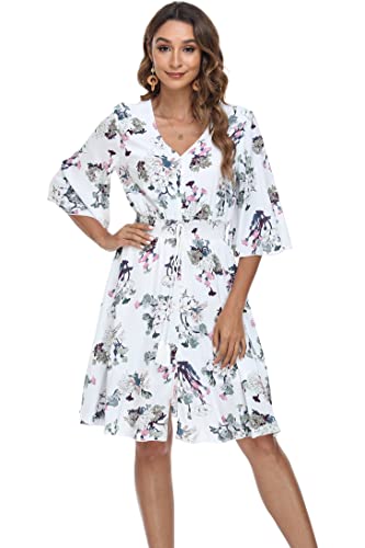 Image of VintageClothing Women's Floral Sundresses Flowy Boho Summer Beach Dress | Lightweight Breathable material,Elegant V Neck and Button Front Design,Flared Bell Sleeve Cut,Mini Casual dress