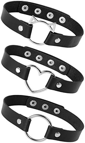 Sinvini 3PCS Leather Choker, Adjustable Love Heart Punk PU Necklace Goth Choker Egirl Accessories Soft Collar Chain for Women