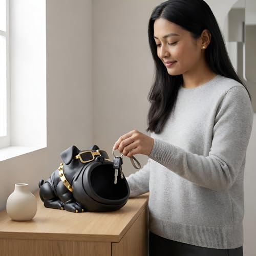 Image of Xtore Sculptural Bulldog Storage Organizer Showpiece| Modern Matte Black Dog Figurine with Sunglasses & Utility Bowl for Living Room, Desk, Entryway Styling (Black, 26 x 16 cm)