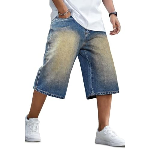GINGTTO Mens Baggy Jean Shorts Loose Fit Long Denim Shorts Below Knee 15 Inch Inseam Vintage Blue 46