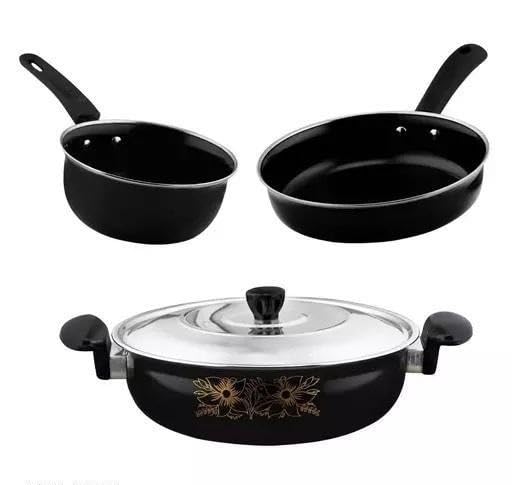 Image of Ceramic Coated Cast Iron Non Stick Induction Cookware Set 6 Piece Kadai Fry Pan Tawa Saucepan Milk Pan Kitchen Set Black Free Size