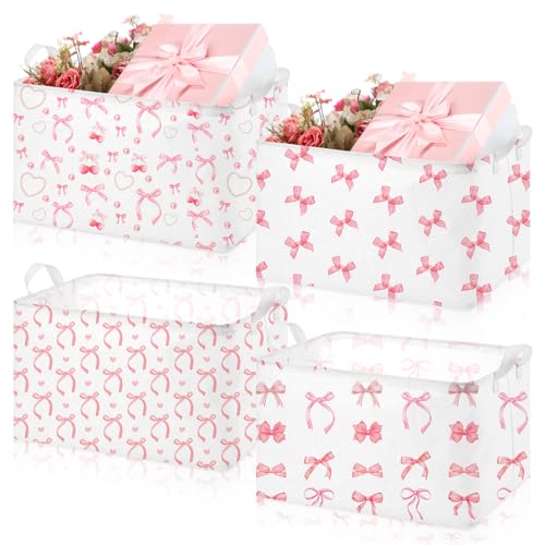 Image of Chunful 4 Pcs Coqutte Pink Bow Storage Baskets Easter Baskets Cute Preppy Pink Hamper Storage Bins Foldable Laundry with Handle Collapsible Organizer for Home Bathroom, Offices, Bedrooms
