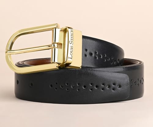 Image of LOUIS STITCH Men's Spanish Leather Reversible Belt 1.25 inch (35mm) Handcrafted Formal Waist Strap Officewear Men Gents Boys (Black /Tan) (LSBE-VB-CPBG)