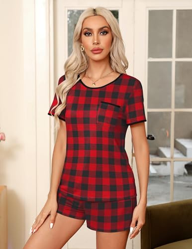 Image of Ekouaer Pajama Set for Women 2 Piece Lounge Set Short Sleeve Tops and Shorts Soft Sleepwear, Chest Pocket