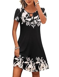 Zeagoo Damen Kleider Sommer Rundhals Blumen Shirtkleid Casual Lässiges Strandkleid Tunikakleid mit Taschen Schwarz L