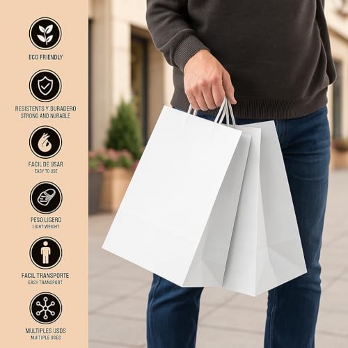 BOXPACKING | Sacs Kraft avec Poignée | Sac Papier Blanc | 40 Sachet Cadeau 32x24x11 cm | Sachet kraft Blanc| Sac kraft Grand Format | Sacs Cadeaux pour Boutiques & Événements | Fabriqué en Espagne – vue 6