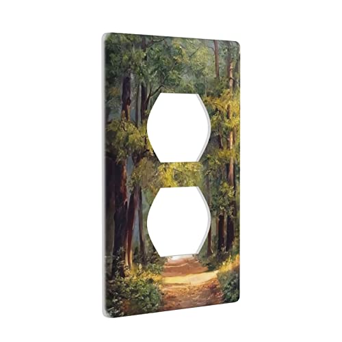 Tree Forest Painting Duplex Outlet Covers Decorative Wall Plate Green Abstract Light Switch Cover For Kids Teen Bedroom House Living Room Decor 4.5" X 2.76" #TOP1