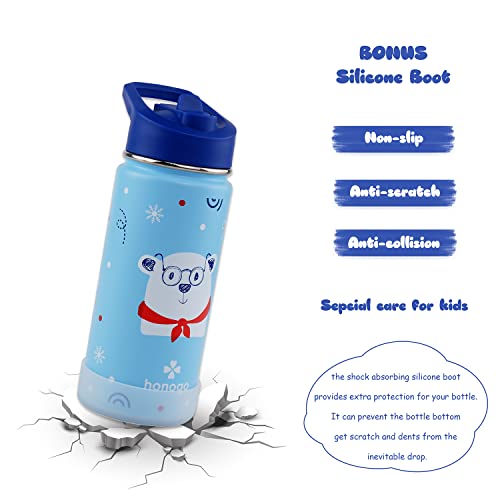 Honogo 16 Oz Stainless Steel Insulated Kids Water Bottle, Leak Proof Metal Thermos Flask With Straw Lid, Cute Toddler Tumbler Cup For School Girls & Boys (Blue, Bear) #TOP4