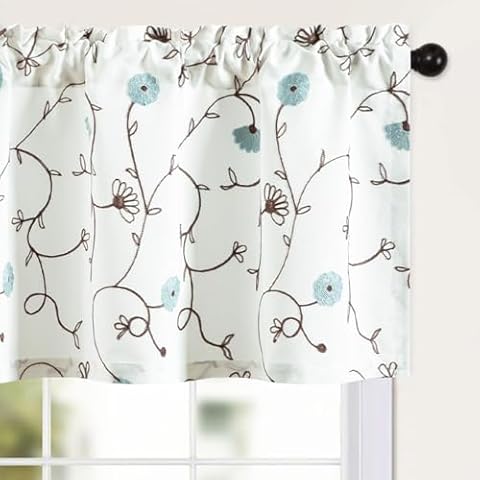 Leeva 1 Pack White Valances for Windows, Faux Linen Light Filtering Embroidery Window Treatments for Bathroom, Small Blue Flower Rod Pocket Kitchen Valances, 52 x 18 Inch Cover