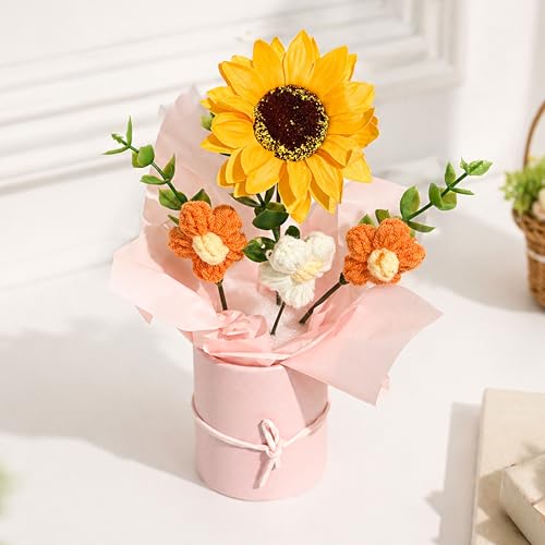 Image of Art Street Handmade Crochet Flower Bouquet with Sunflower | Orange & White Knitted Flowers with Green Leaves, Decorative Pot with Ribbon for Home Decor, Birthday, Anniversary
