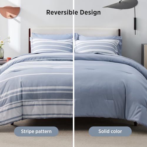 Bedsure Blue Comforter Set, Queen Size Bedding Set, Striped 7 Piece | Bed in a Bag, Bedroom, Plaid, Nautical, Cationic Dyeing, Gift Choice, Whisper-Quiet, OEKO - image 6
