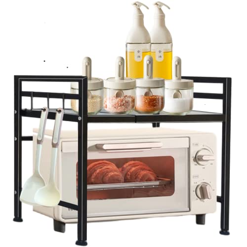 Mikrowellen ständer -Erweiterbares Mikrowellen Regal 2 stufiges Mikrowellen ständer, Mini Backofen Halterung mit 4 Haken für arbeitsplatte Bäckerregale Küchentischregal aus Kohlenstoffstahl,