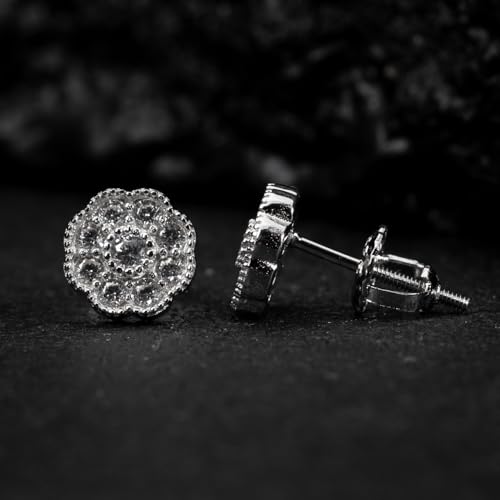 Small Unisex Brilliant Cut 925 Sterling Silver White Gold Plated Round Flower Cluster Halo Hypoallergenic Cz Men's Women's Hip Hop Circle Screw Back Stud Earrings.4