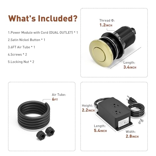 Image of Garbage Disposal Air Switch Kit Dual Outlet, Sink Top Button UL Listed | Waterproof Stainless Steel Countertop Button, Compatible for all Waste Disposer Models - Brushed Gold