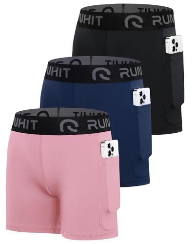 Runhit 3 Pack 4" Girls Volleyball Shorts Spandex Dance Shorts for Girls Teen Athletic Shorts with Pockets Black Navy Pink M
