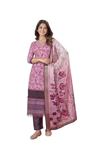 Stylum Women's Tropical Printed & Embroidered Cotton Straight Kurta Pant Dupatta Set (Kpdwineapple38_Wine, M)