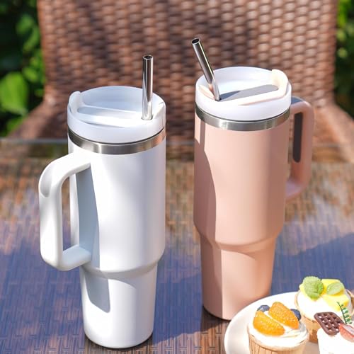 Image of 12 inch Stainless Steel Straws Replacement for Stanley Adventure Quencher 40 oz 30 oz Cup Tumbler, 4 Pack Metal Straws Reusable with Cleaning Brush for Stanley 40 oz & Simple Modern Tumbler with Handle