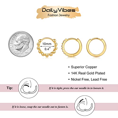 DAILY VIBES Small Gold Hoops Huggie Earrings for Women 14K Real Gold Plated Dainty Cubic Zirconia Mini Bead Cartilage Earring Hypoallergenic Hoop Earrings Set for Women3