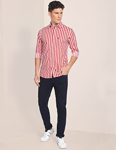 Image of U.S. POLO ASSN. Striped Tailored Fit Shirt for Men - 100% Cotton, Breathable & Comfortable, Full Sleeves Casual Shirt for Men - 39, Red